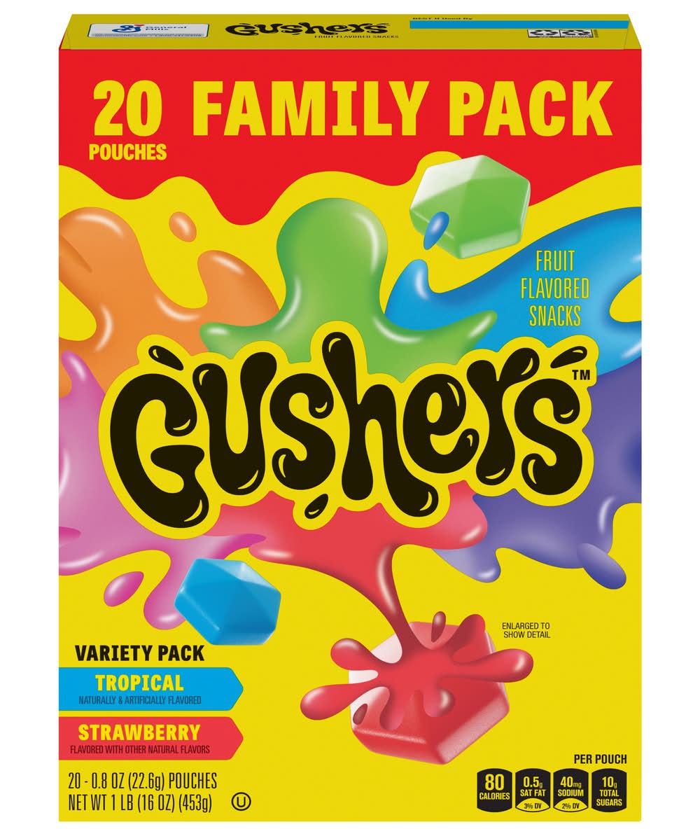 Gushers Fruit Flavored Snacks Family pack, Tropical-Strawberry (20 x 0.8 oz)