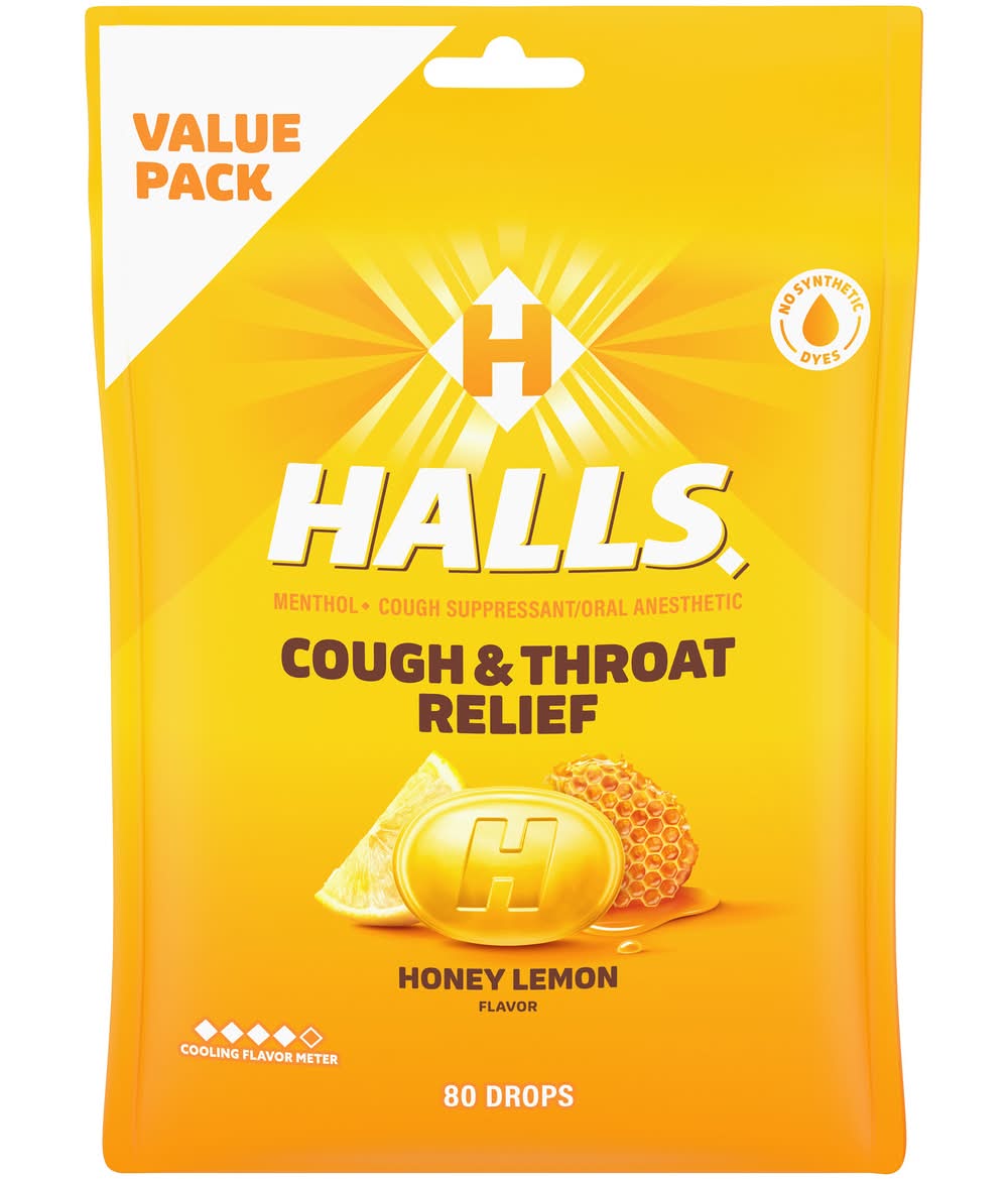 Halls Cough & Throat Relief Drops, Honey Lemon (80 ct)