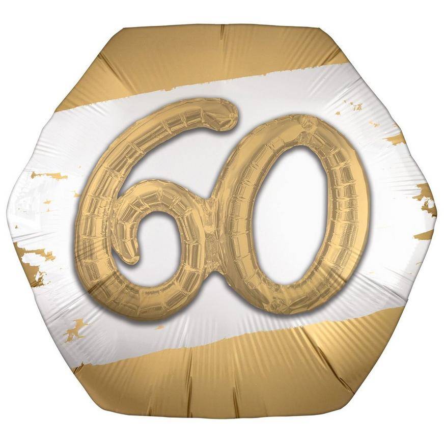 Uninflated Satin Golden Age Happy 60th Birthday Hexagonal Foil Balloon, 30in x 28in