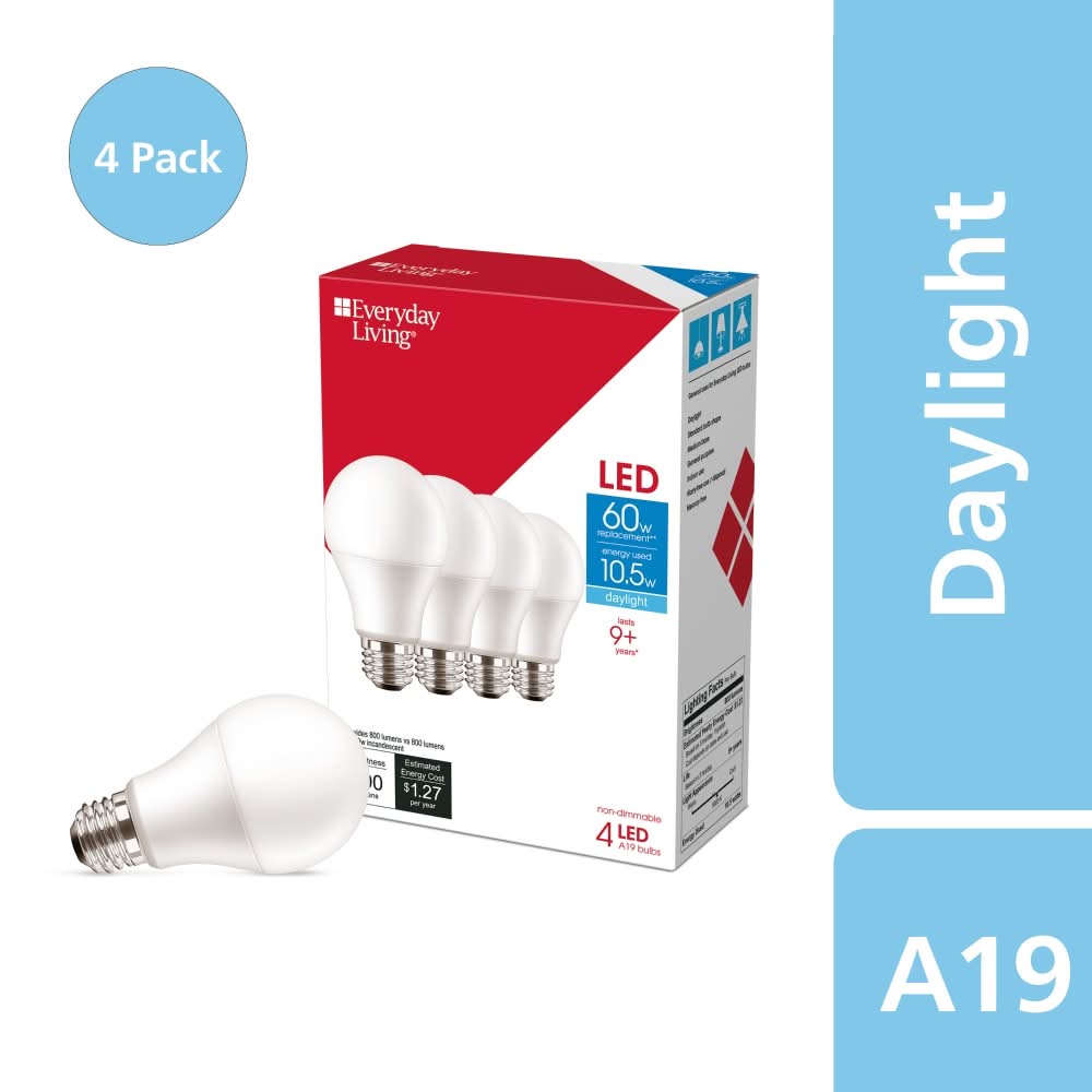 Everyday Living Non Dimmable Led Light Bulbs 800 Lumens A19 10.5 W, Daylight (4 ct)