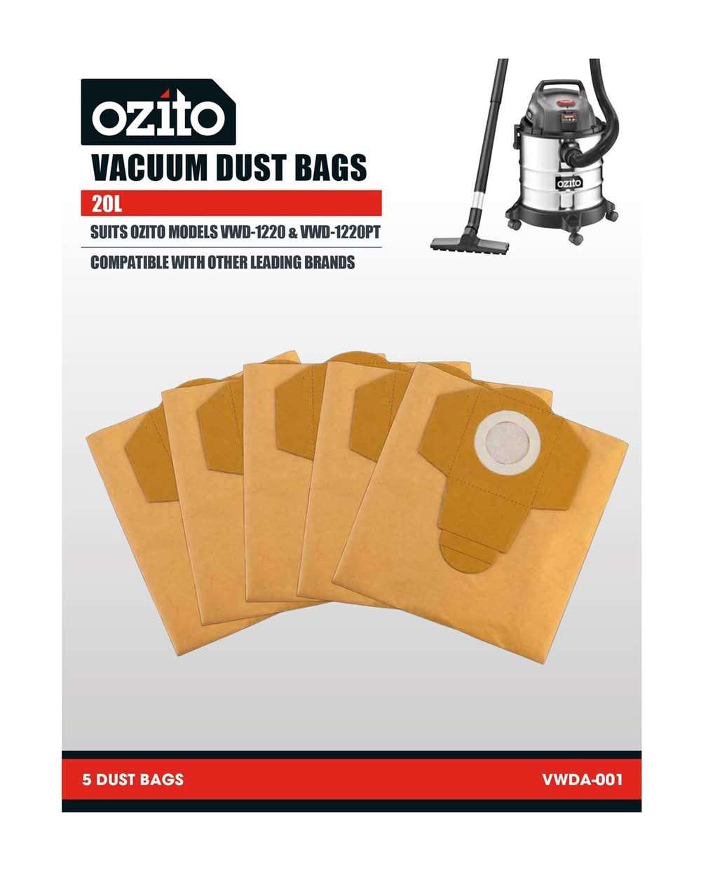 Ozito 20L Replacement Vacuum Dust Bags - 5 Pack