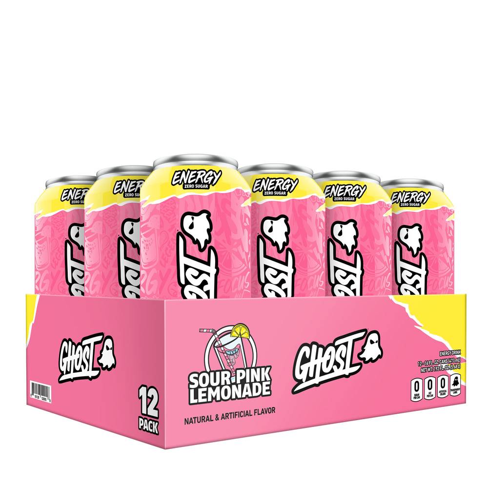 Ghost Energy Drink, Sour Pink-Lemonade (12 x 16 fl oz)