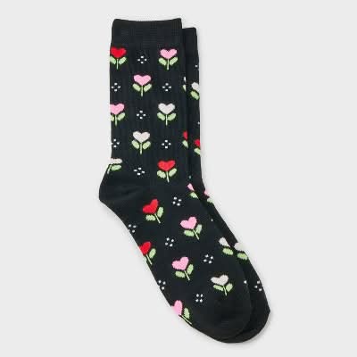 Women's Tulip Hearts Valentine's Day Crew Socks, Size 4-10, Black
