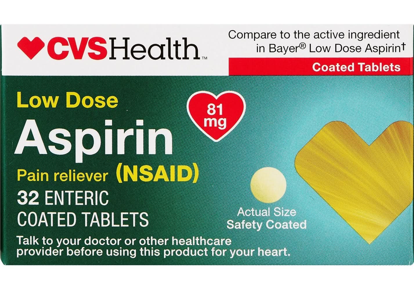 CVS Health Low Dose 81mg Aspirin Pain Reliever Enteric Coated Tablets (32 ct)