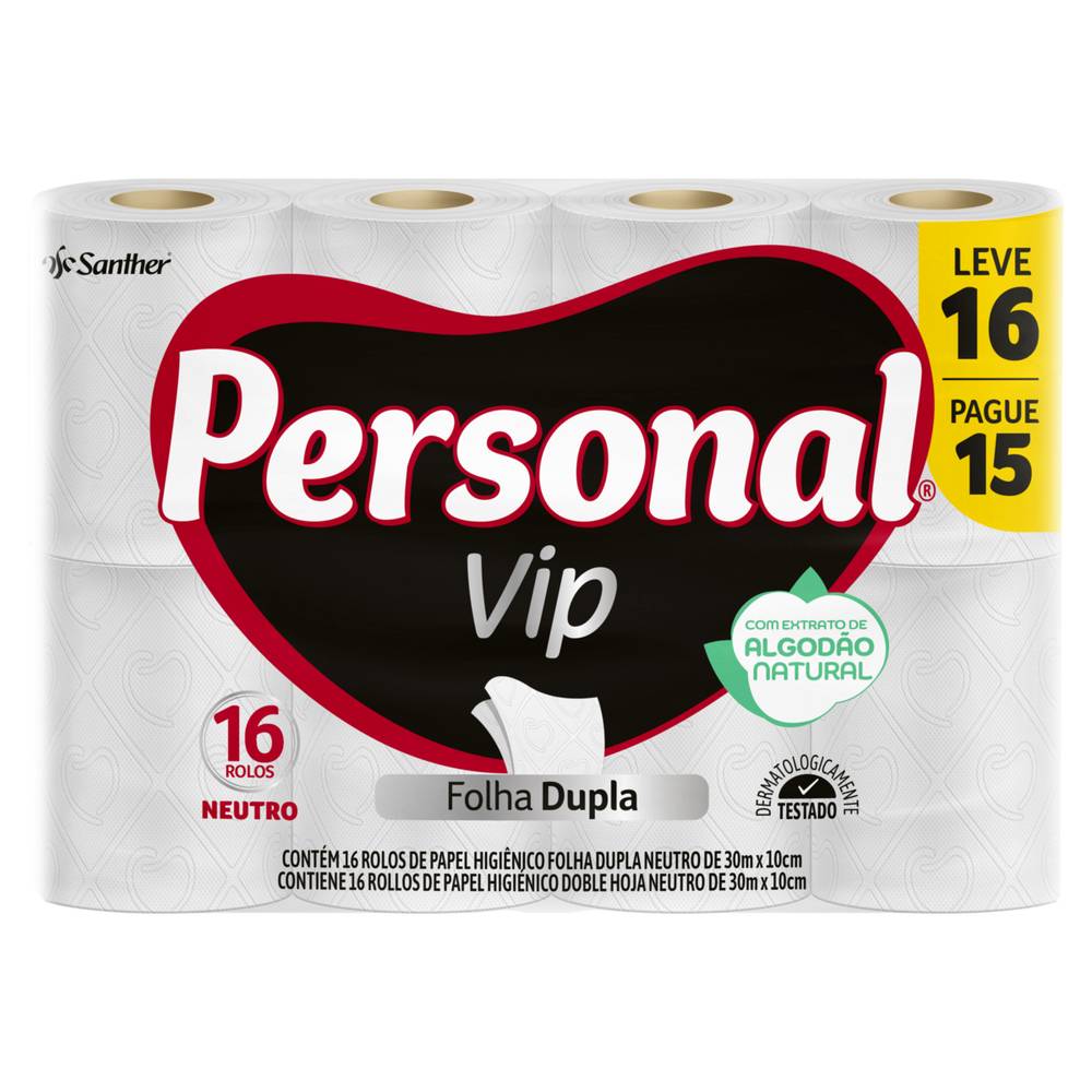 Personal Vip · Papel higiênico folha dupla neutro (16 un)