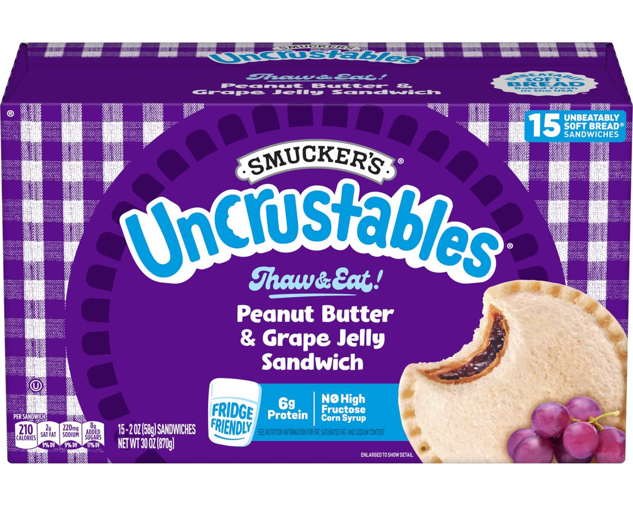 Smucker's Uncrustables Thaw & Eat Soft Bread Sandwiches, Peanut Butter & Grape Jelly (15 x 2 oz)