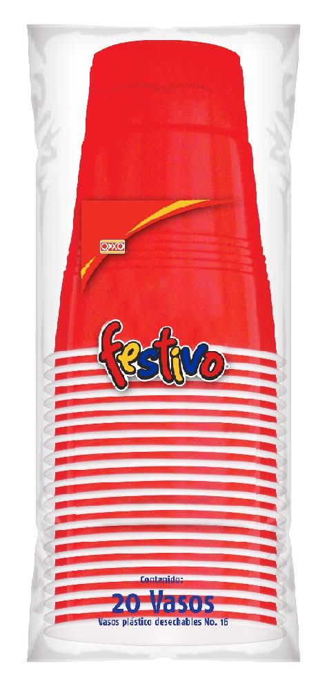 OXXO · Festivo vasos de plástico desechables no.16 425 ml, rojo (20 un)