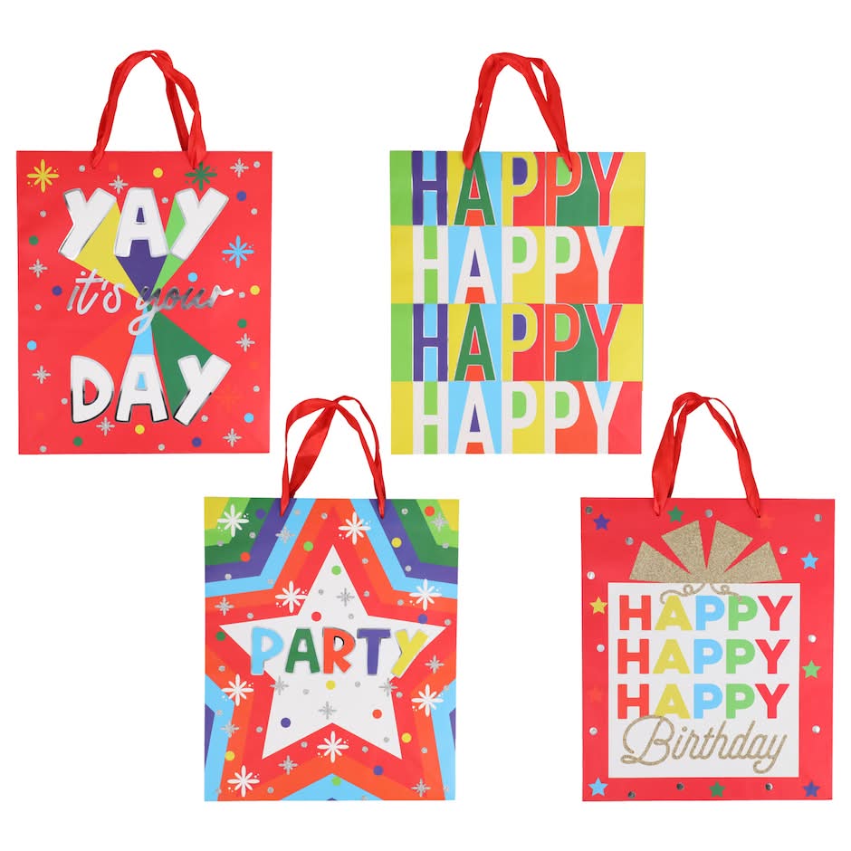 Voila Large Happy Birthday Gift Bags, 12x10x4.5 in (4 ct)