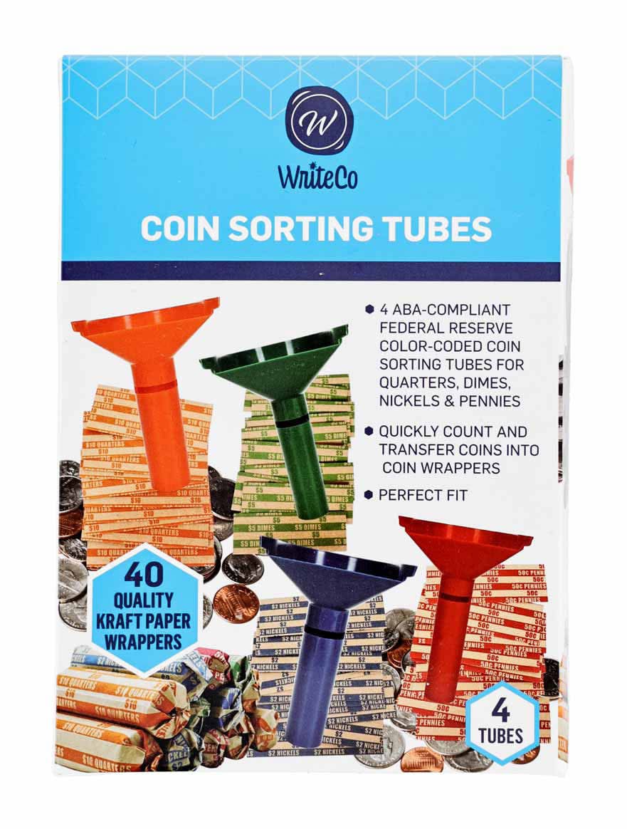 Write Co Coin Sorting Tubes And Coin Wrappers Set 4 Tubes And 40 Wrappers