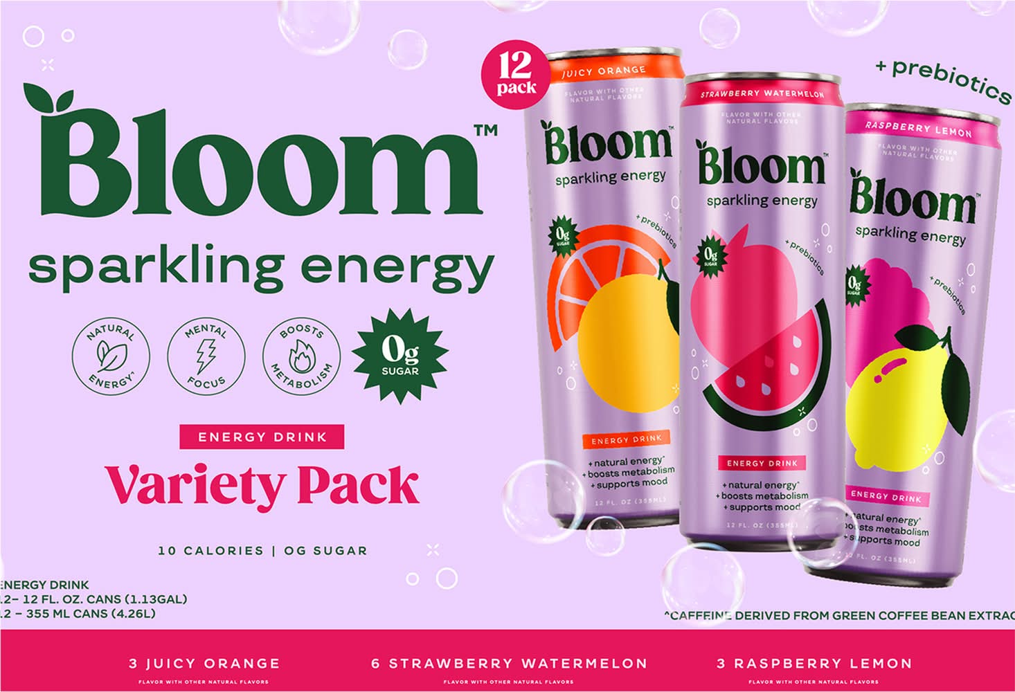 Bloom Sparkling Energy Drink Variety pack, Juicy Orange-Strawberry Watermelon-Raspberry Lemon (12 x 12 fl oz)