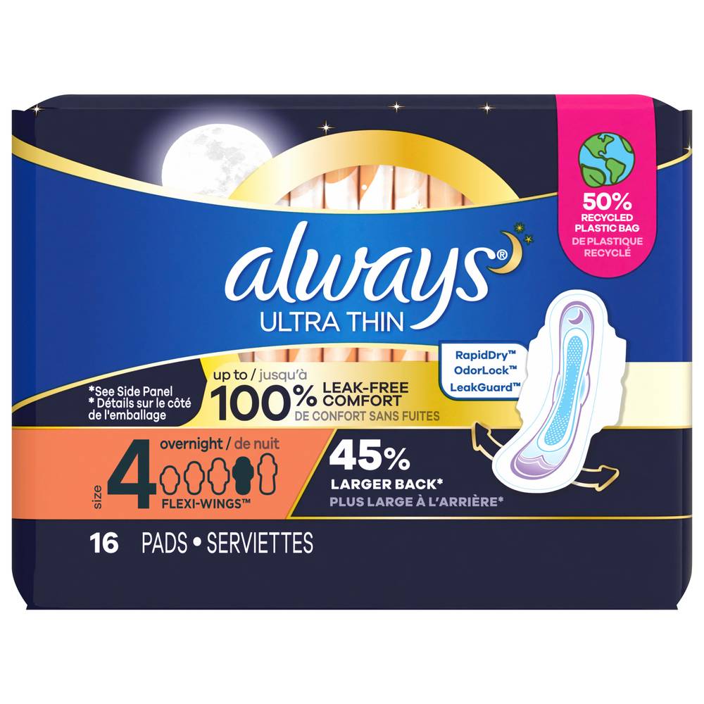 Always Ultra Thin Flexi Wings Overnight Pads (16 ct)