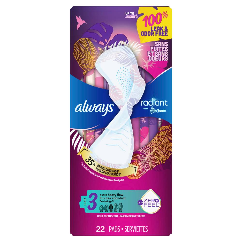 Always Radiant Pads, With Wings, Scented, Size 3, 22 Ct