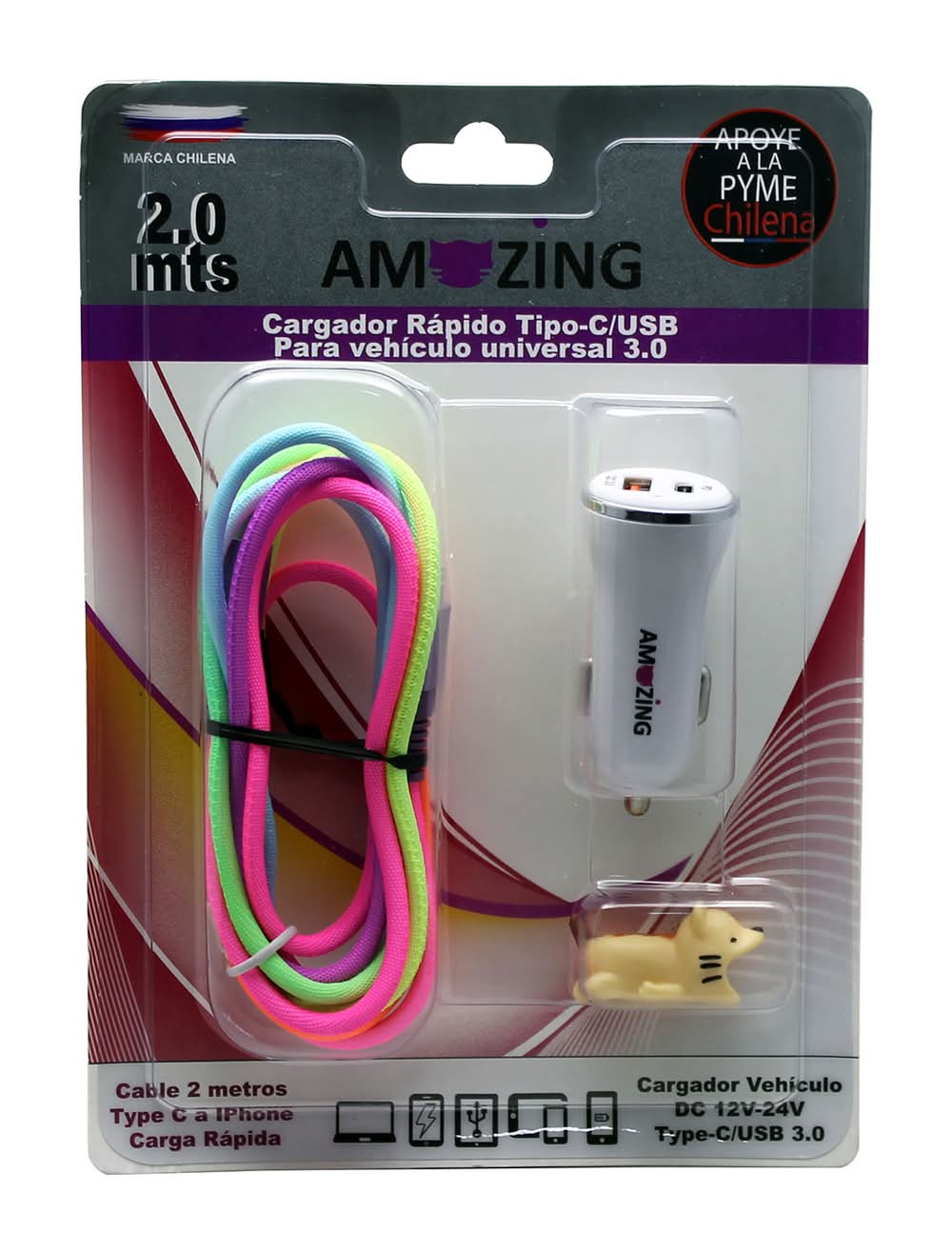 Amazing · Cargador auto usb/tipo c + cable iphone