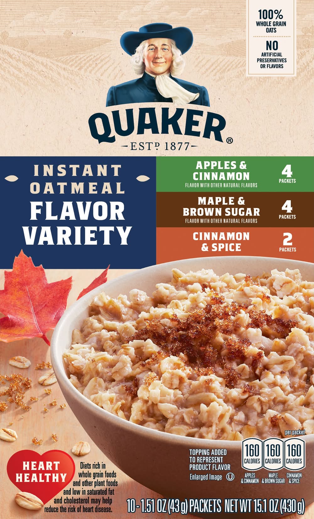 Quaker Instant Oatmeal Variety Packets, Apples & Cinnamon-Maple & Brown Sugar-Cinnamon & Spice (10 x 1.51 oz)