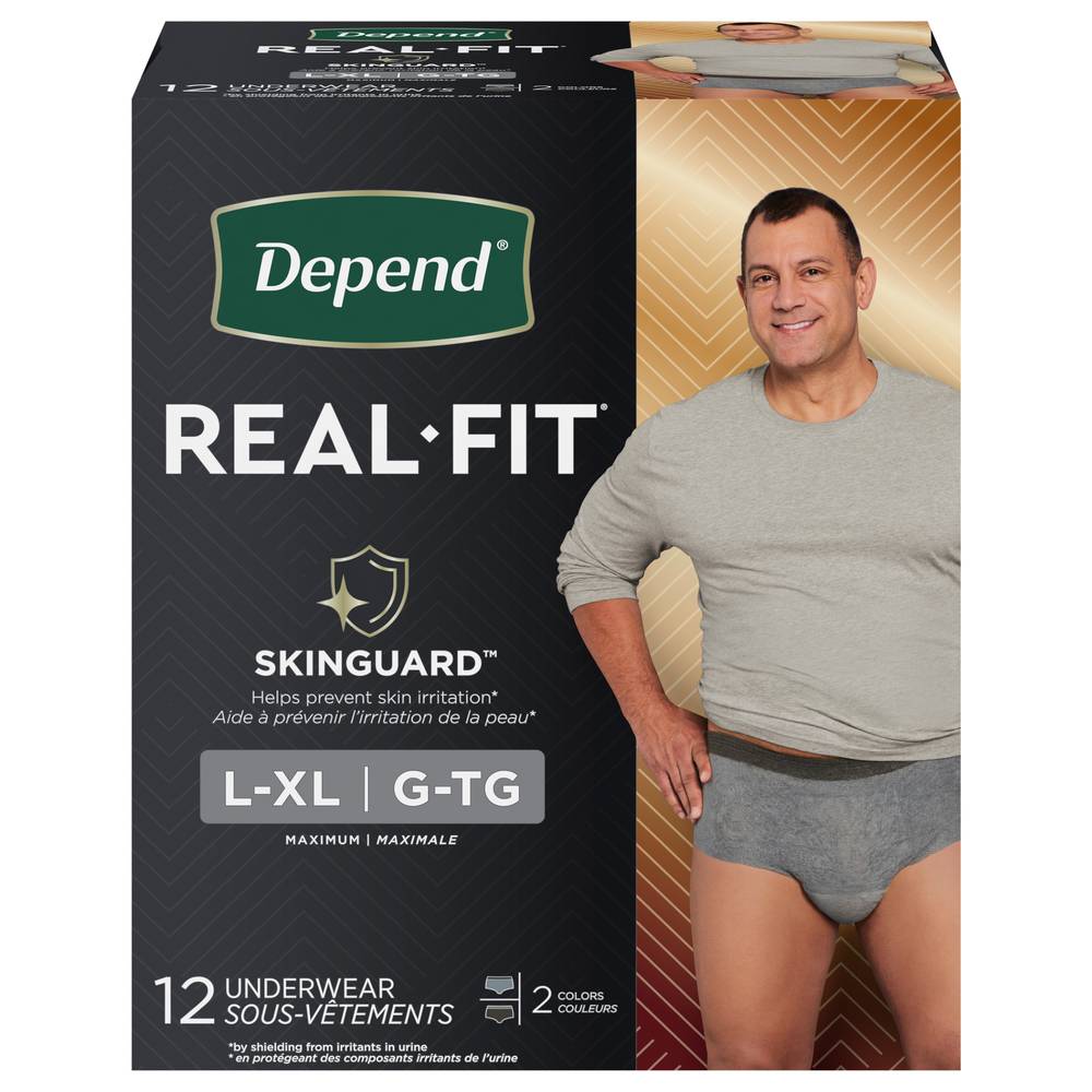 Depend Real Fit Men's Incontinence Maximum Absorbency L/Xl Grey/Black Underwear (12 ct)