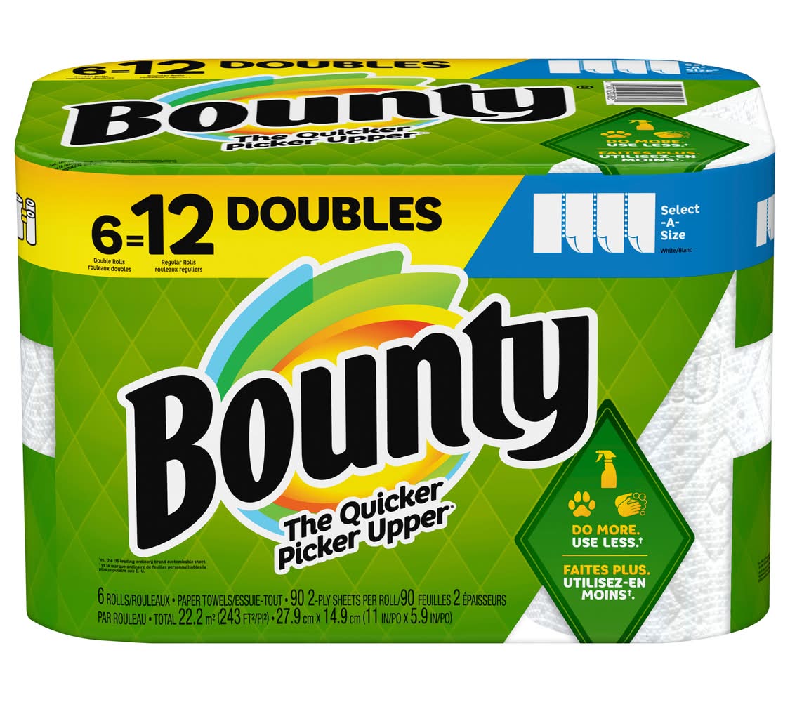 Bounty The Quicker Picker Upper Select-A-Size Paper Towels, 27.9x14.9 cm, White (6 x 90 ct)