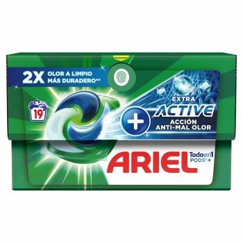 Detergente en cápsulas Todo En Uno Pods + acción antiolor Ariel 19 lavados.