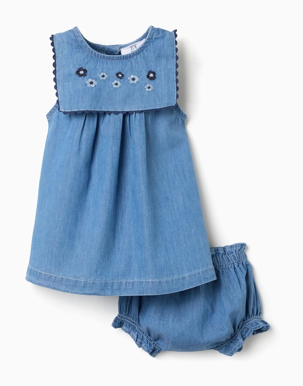Vestido De Ganga + Tapa-Fraldas Com Folhos Para Recém-Nascida, Azul (Azul - 3/6M)