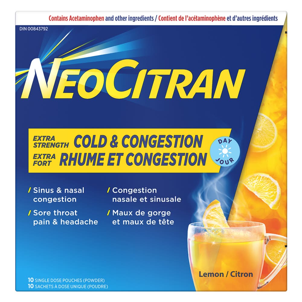 NeoCitran Extra Strength Cold & Congestion Pouches, Lemon (10 ct)
