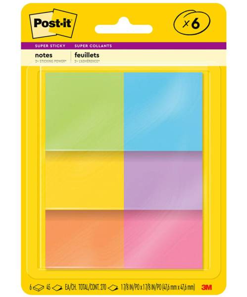 Post-it® Super Sticky Notes, 1 7/8 in x 1 7/8 in, Energy Boost Collection, Pack Of 6 Pads