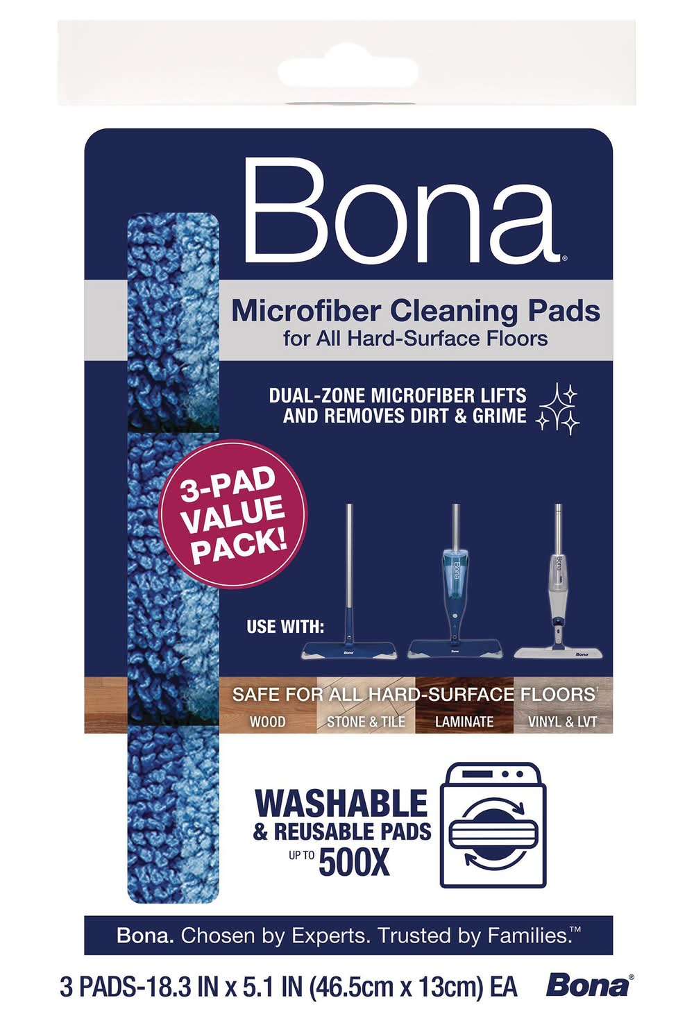 Bona Cleaning Microfiber Mop Pad, 18.31x5.12 in, Blue (3.93 lbs, 3 ct)