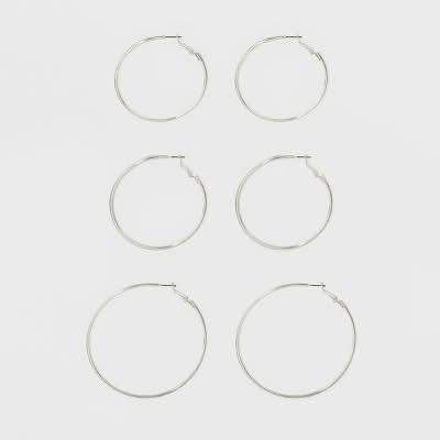 A New Day Thin Clickback Hoop Earring Set, 2 in, Silver (3 ct)