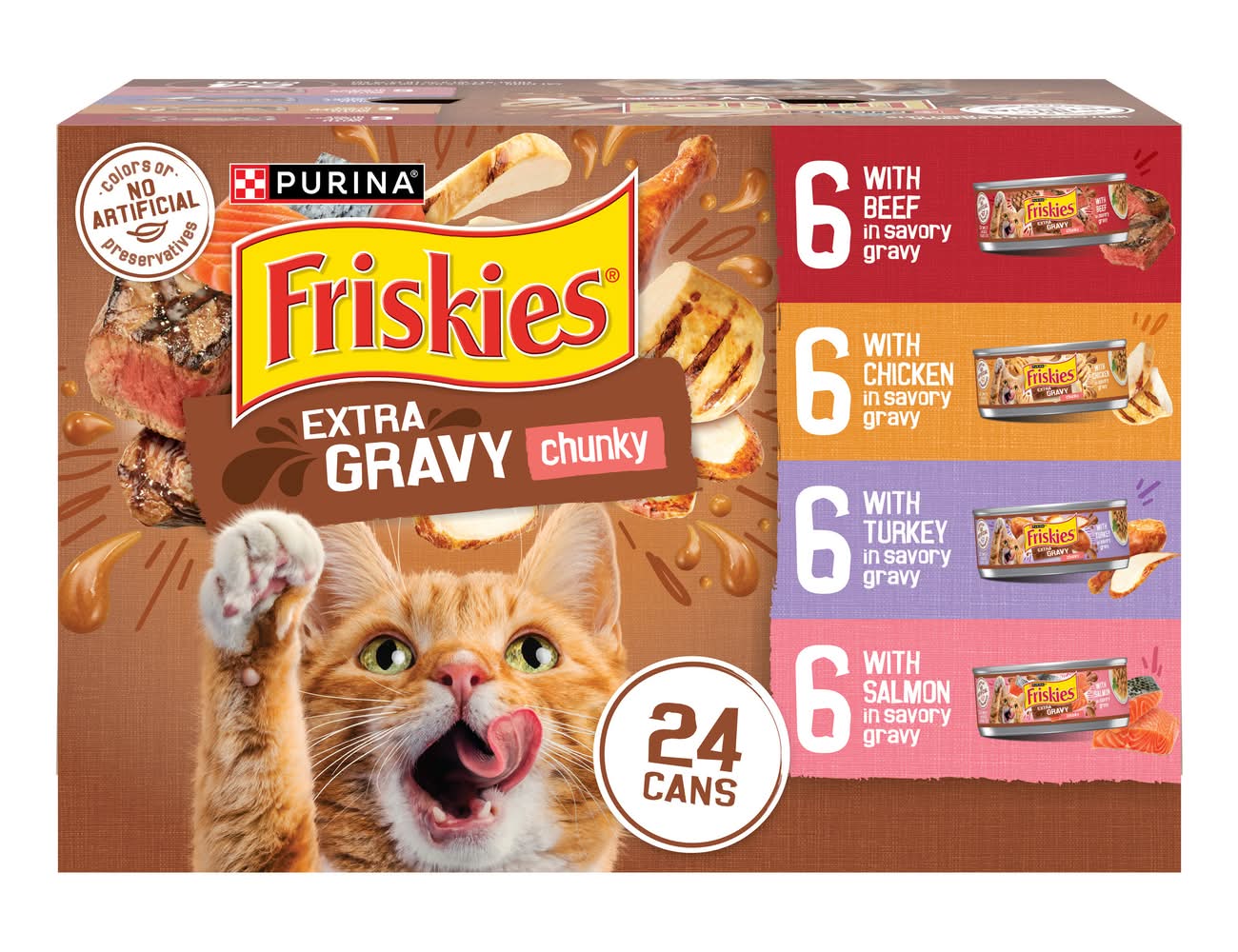 Purina Friskies Extra Chunky Gravy Wet Cat Food, Beef-Chicken-Turkey-Salmon (24 x 5.5 oz)