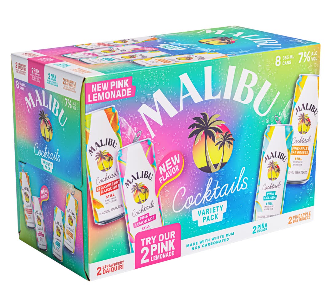 Malibu Ready To Drink Cocktail Variety pack, Strawberry Daiquiri-Pink Lemonade-Piña Colada-Pineapple Bay Breeze (8 x 12 fl oz)