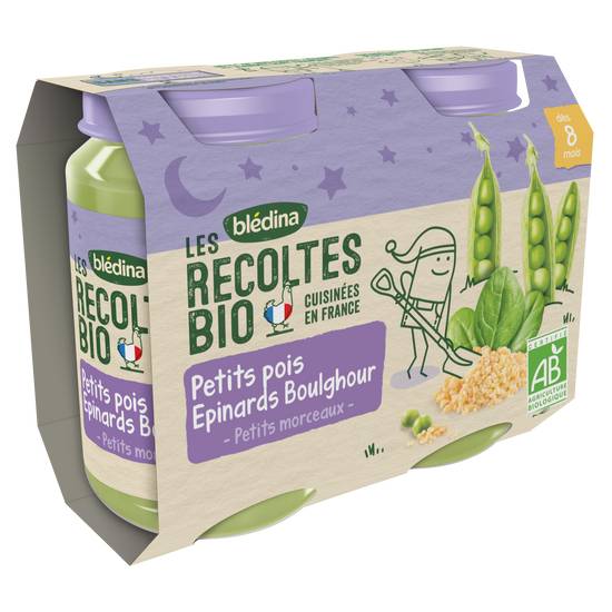 Blédina - Les ricoltes bio petits pois epinards et boulghour repas bébé dès 8 mois (2 pièces)