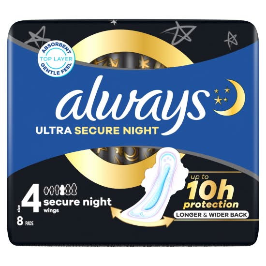 Always Size 4, Ultra Secure Night Sanitary Pads With Wings (8 pack)