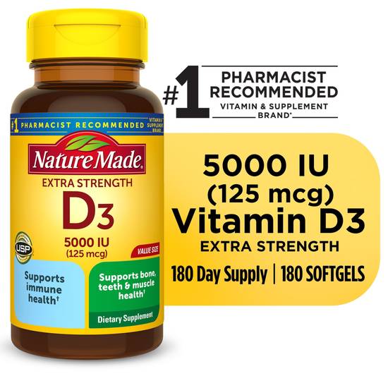 Nature Made Extra Strength Vitamin D 125 mcg (5000 IU) Softgels, 180 CT