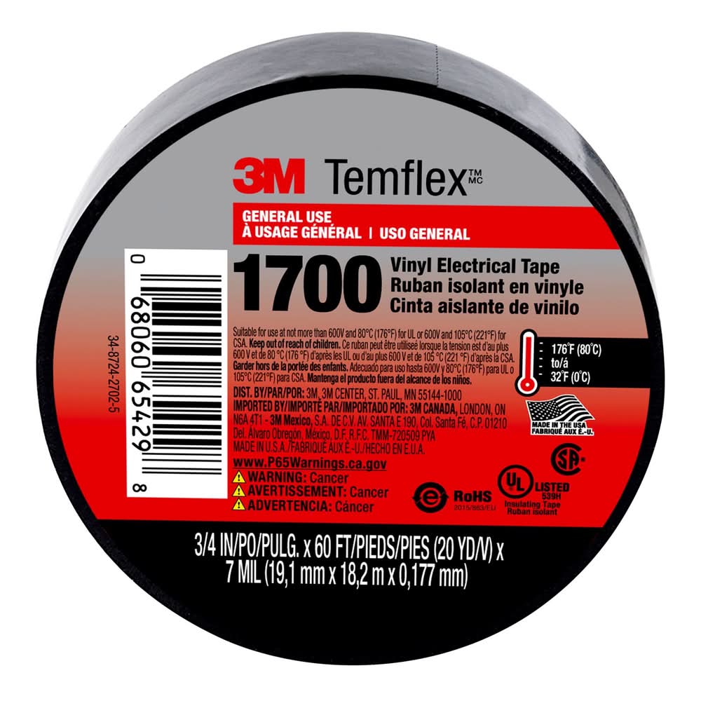 3M Temflex 3/4 In. W X 60 Ft. L Black Vinyl Electrical Tape