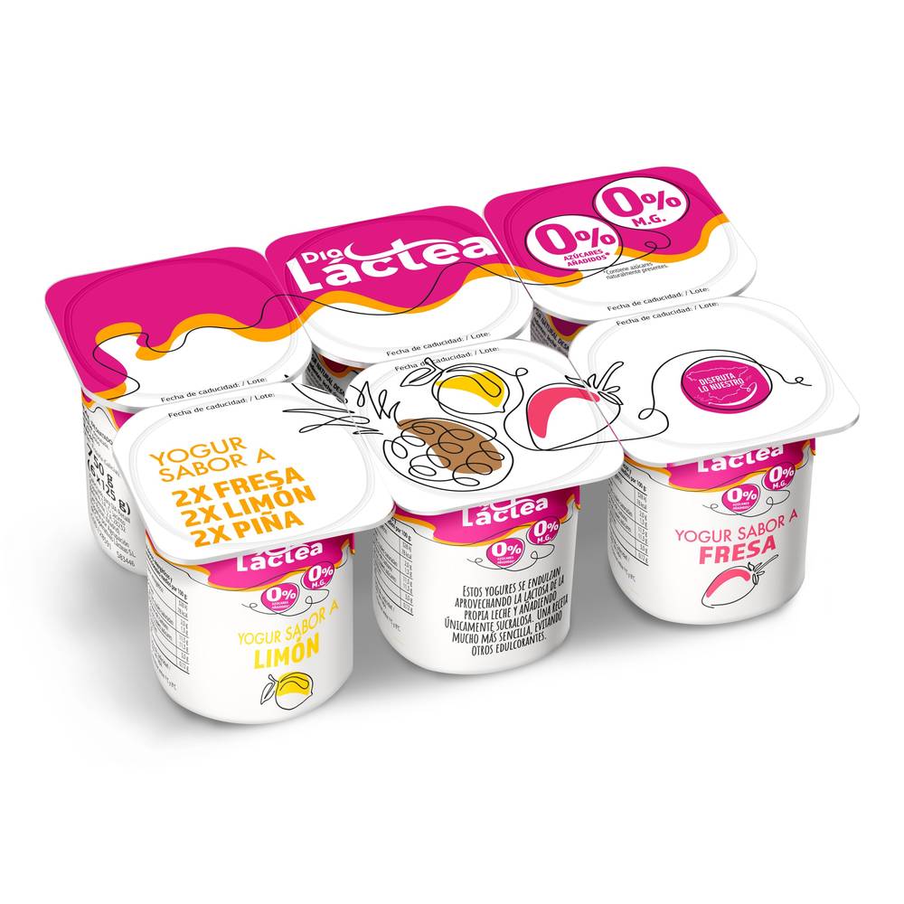 Yogur Desnatado Sabor Limón, Fresa Y Piña Dia Láctea Pack 6 X 125 G