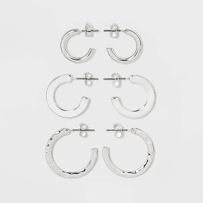 A New Day Hammered Metal Hoop Trio Earring Set, Women, 0.98 in, Silver (3 ct)