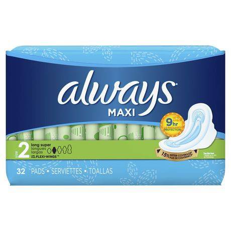Always Maxi Size 2 Long Super Pads With Wings Unscented (32 pieces)