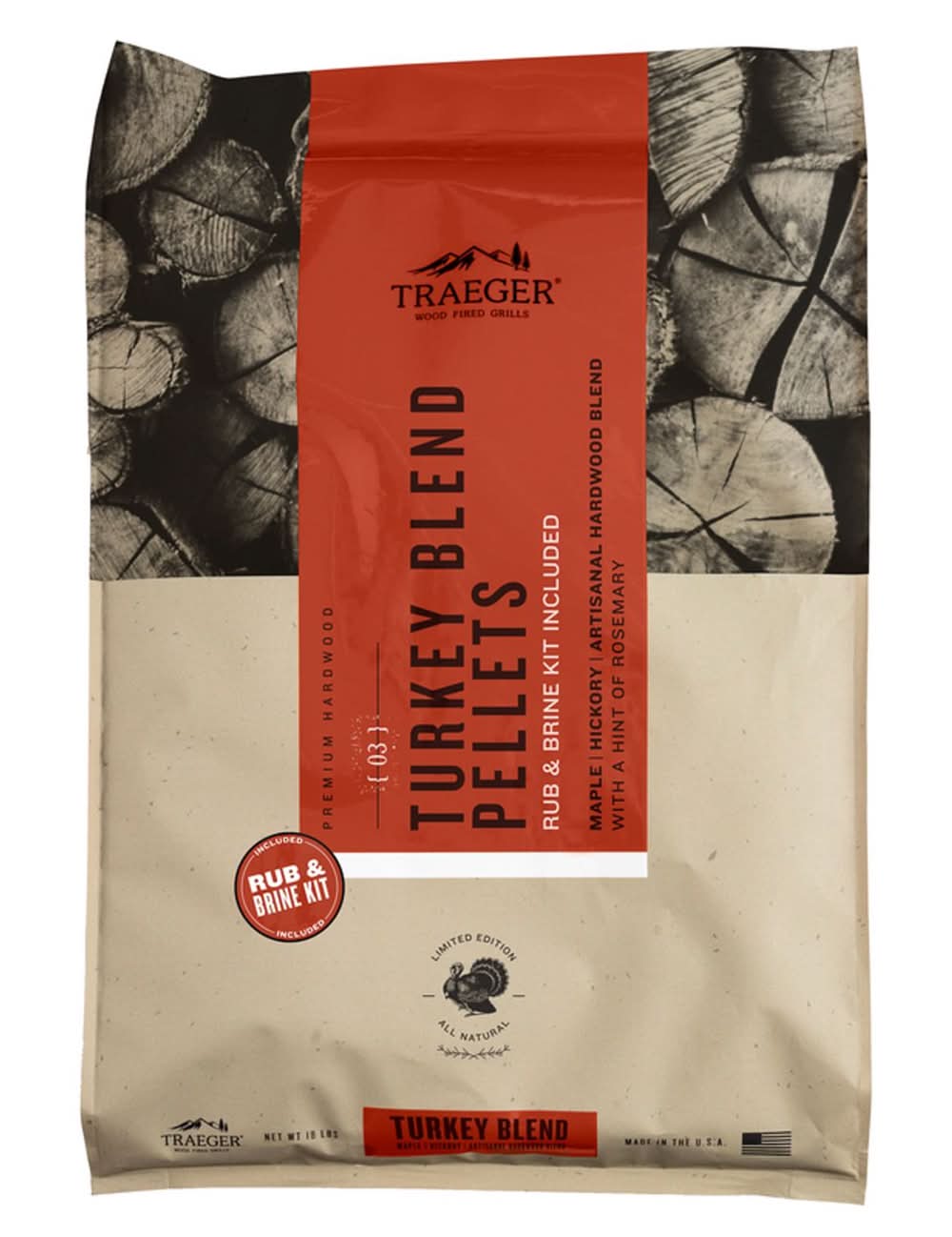 Traeger Turkey Blend Hardwood Pellets With Brine Kit All Natural Maple/Hickory 18 Lb
