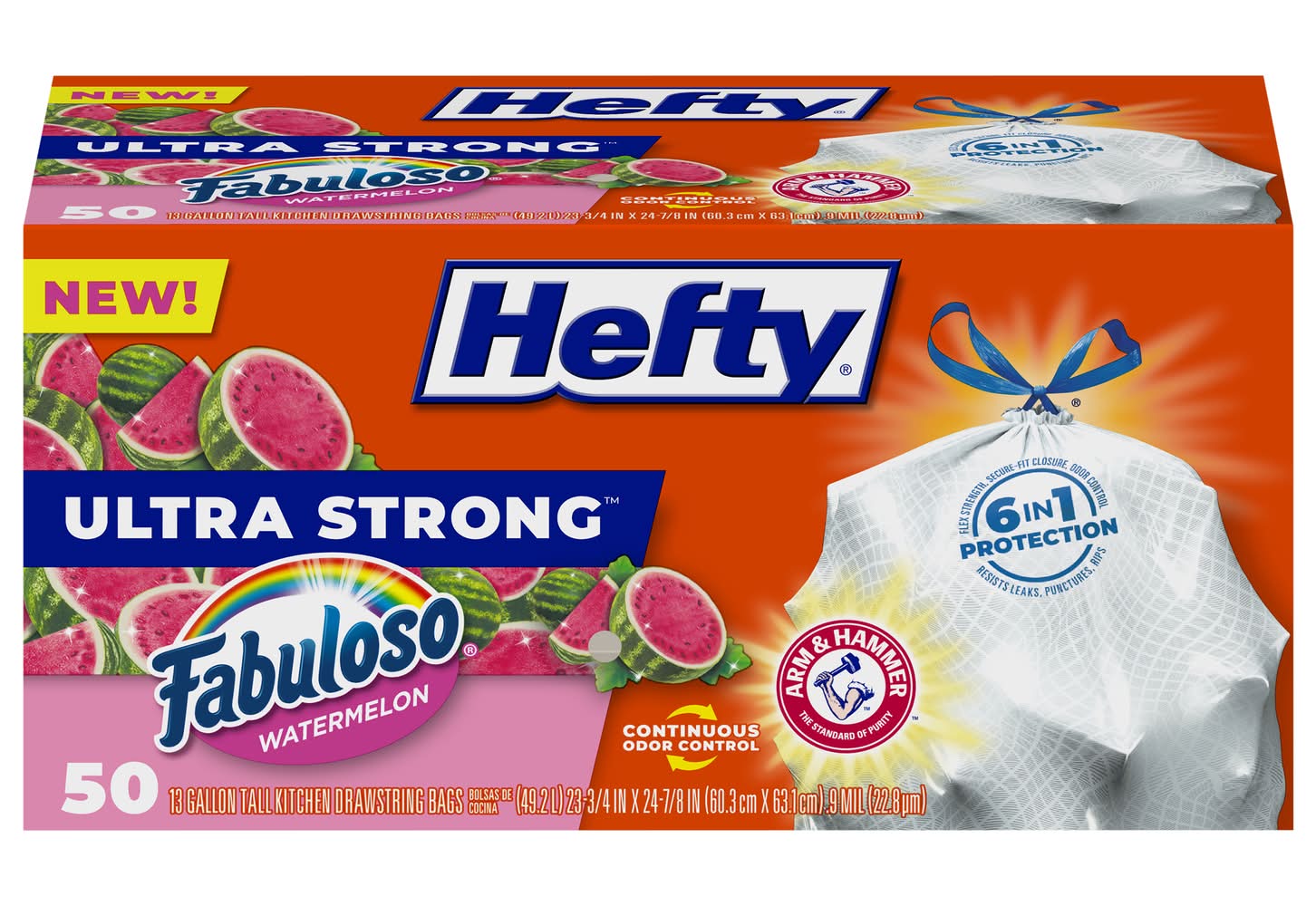 Hefty Ultra Strong Fabuloso Tall Kitchen Drawstring Trash Bags 13 Gal, Watermelon, 60.3x63.1 cm (50 ct)