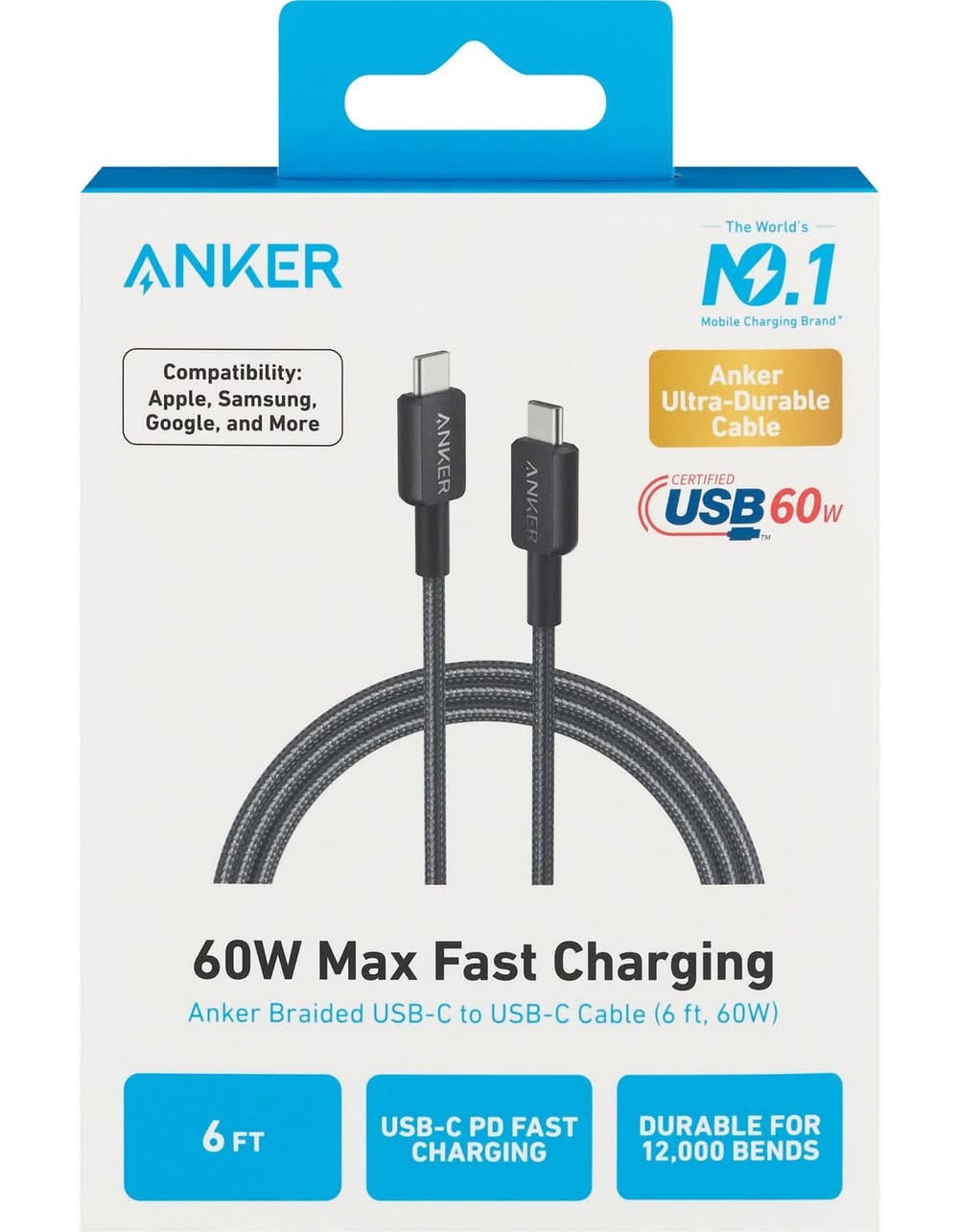 Anker 322 Usb C To Usb C Charging Cable, 6 ft, Black