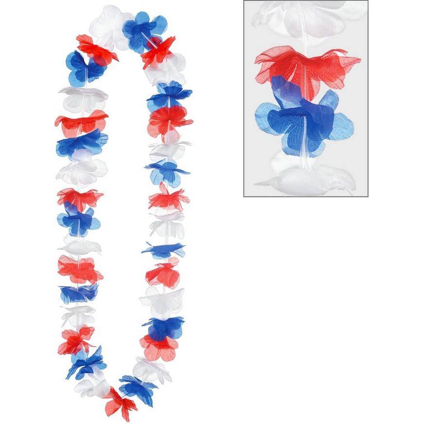 Red, White Blue Fabric Flower Leis, 40in, 6ct