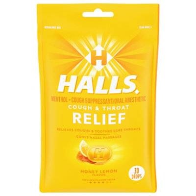 Halls Cough Suppressant Drops Triple Soothing Action Honey Lemon - 30 Count