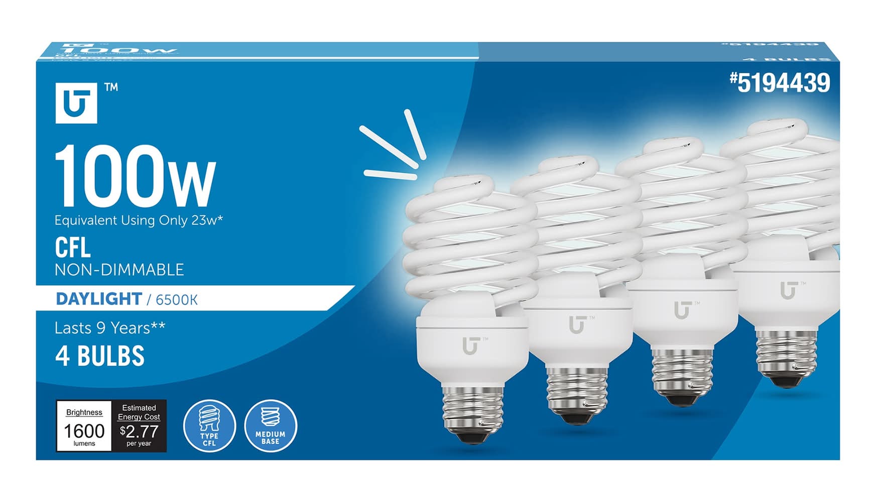 Utilitech 100 -Watt EQ Daylight Medium screw base E26 CFL General purpose Light Bulb 4 -Pack