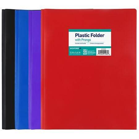 Wexford Plastic Folder With Prongs, Assorted (4 ct)