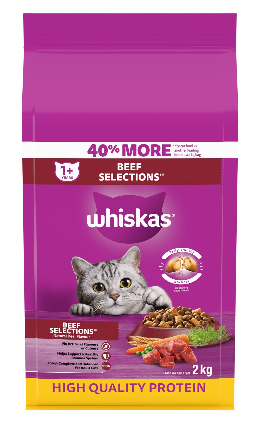 Whiskas Dry Cat Food, Beef, Adult 1+ (2 kg)