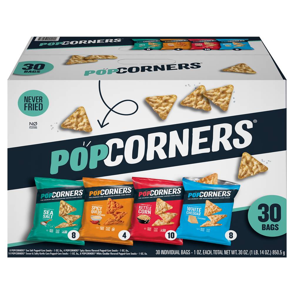 PopCorners Sea Salt, Spicy Queso, Kettle Corn, White Cheddar Corn Snacks (30 oz, 30 ct)