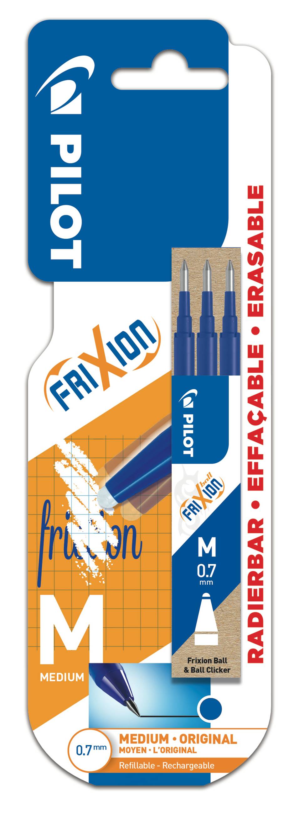 Pilot - Blister étui de 3 recharges frixion ball clicker moyen 1 bleu