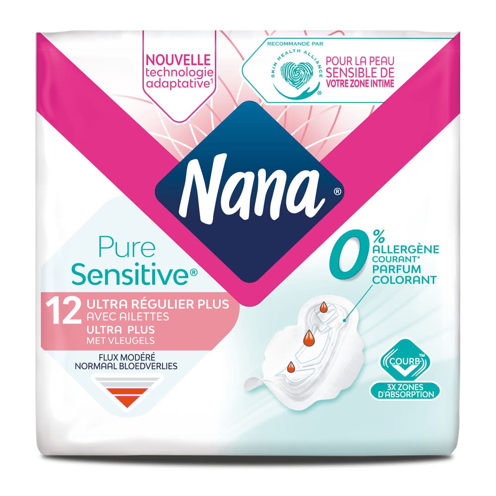 Nana - Pure sensitive serviettes hygiénique ultra régulier plus avec ailettes, female (12)