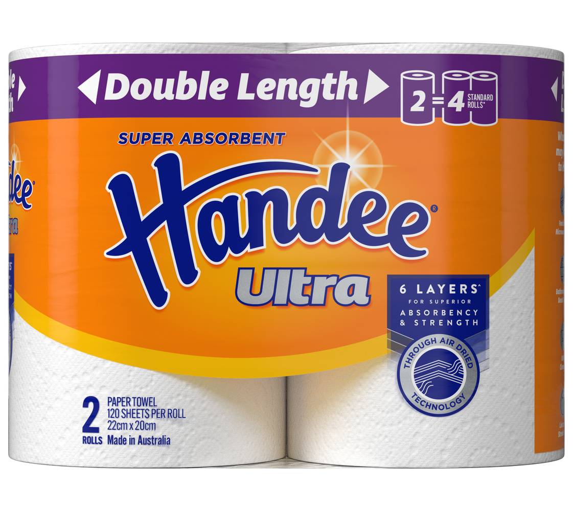 Handee Ultra Double Length Paper Towel Rolls, 22x20 cm, White (2 pack)