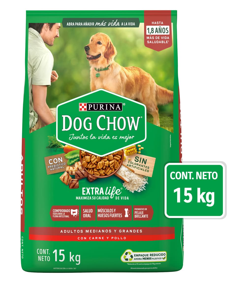 Purina Dog Chow · Extra life alimento seco para perros, carne-pollo, Adultos-Razas Medianas-Grandes (15 kg)