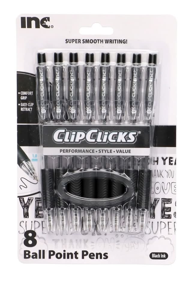 Inc Clip Click Retractable Ball Point Pens, 1.0 mm, Black (8 ct)