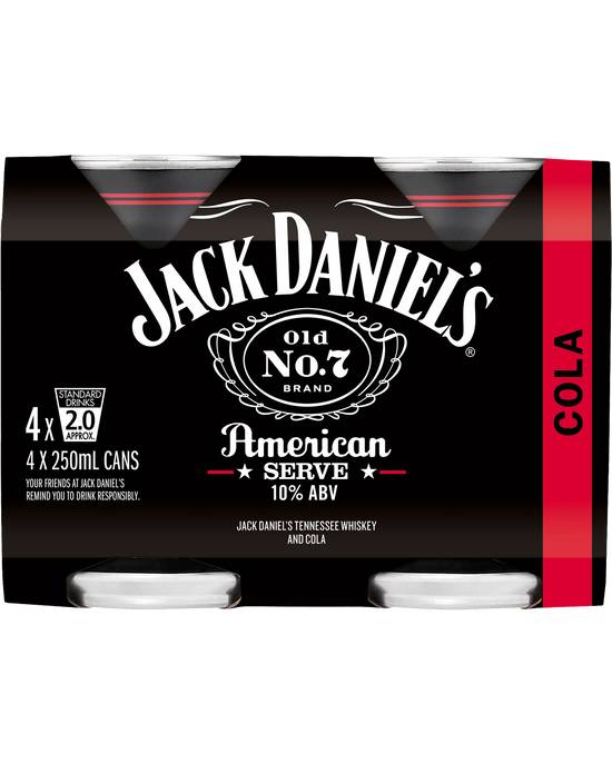 Jack Daniels American Serve & Cola Cans 4x250mL